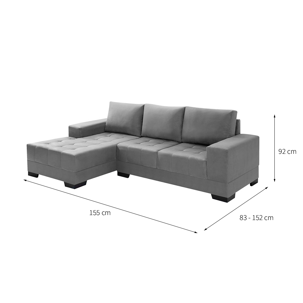 Sofá 3 Lugares Patrícia com Chaise Esquerdo Suede Liso Cinza