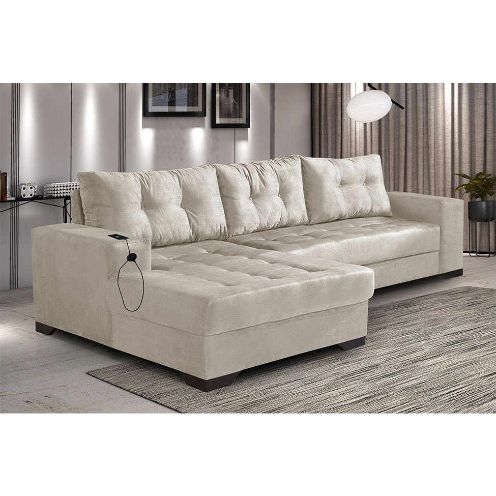 Sofá 5 Lugares Dijon com Chaise Esquerdo e Entrada USB Suede Areia