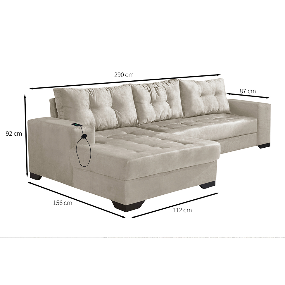 Sofá 5 Lugares Dijon com Chaise Esquerdo e Entrada USB Suede Areia