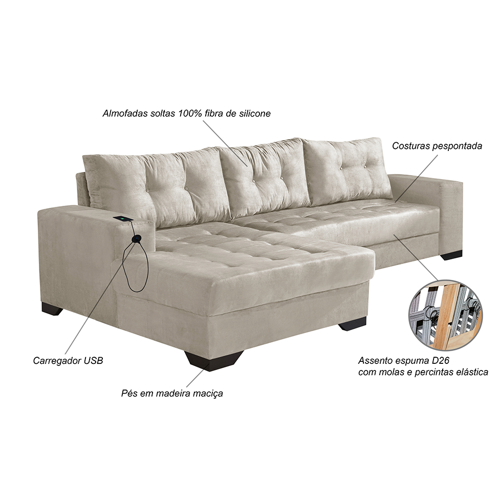 Sofá 5 Lugares Dijon com Chaise Esquerdo e Entrada USB Suede Areia
