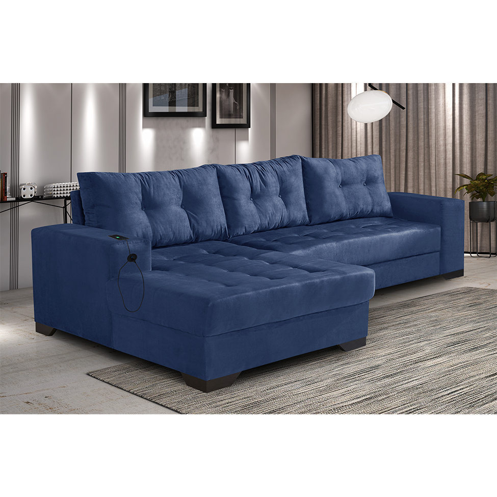 Sofá 5 Lugares Dijon com Chaise Esquerdo e Entrada USB Suede Azul Marinho