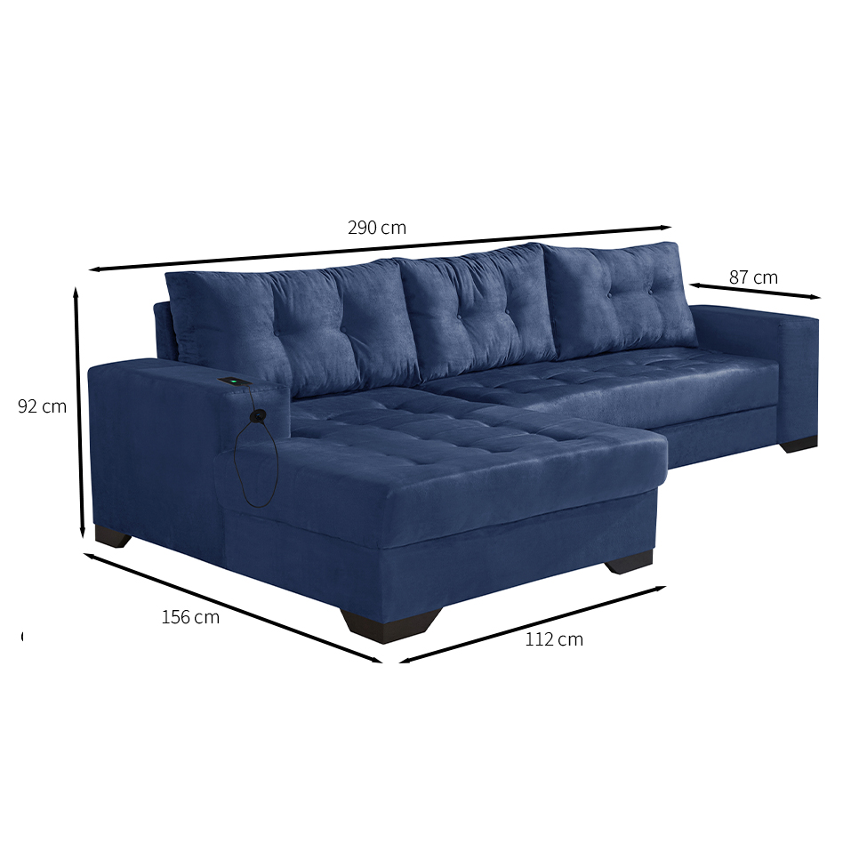 Sofá 5 Lugares Dijon com Chaise Esquerdo e Entrada USB Suede Azul Marinho
