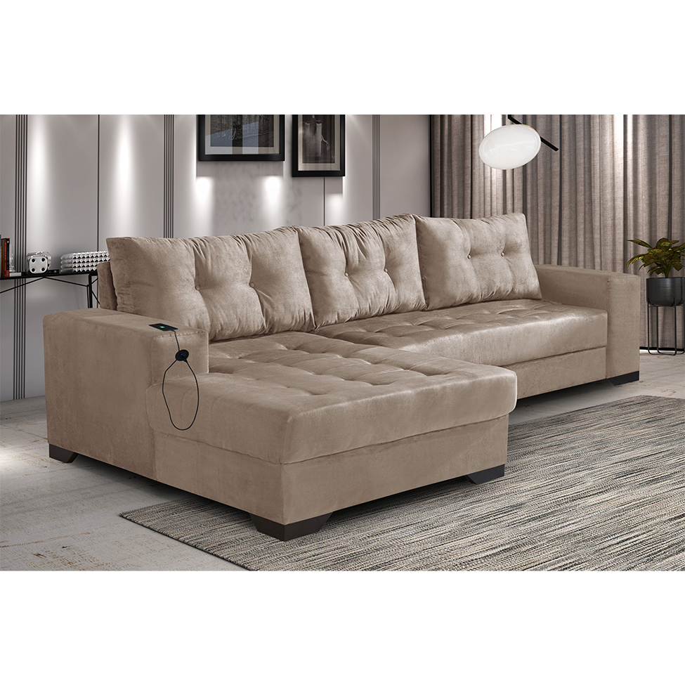 Sofá 5 Lugares Dijon com Chaise Esquerdo e Entrada USB Suede Chocolate
