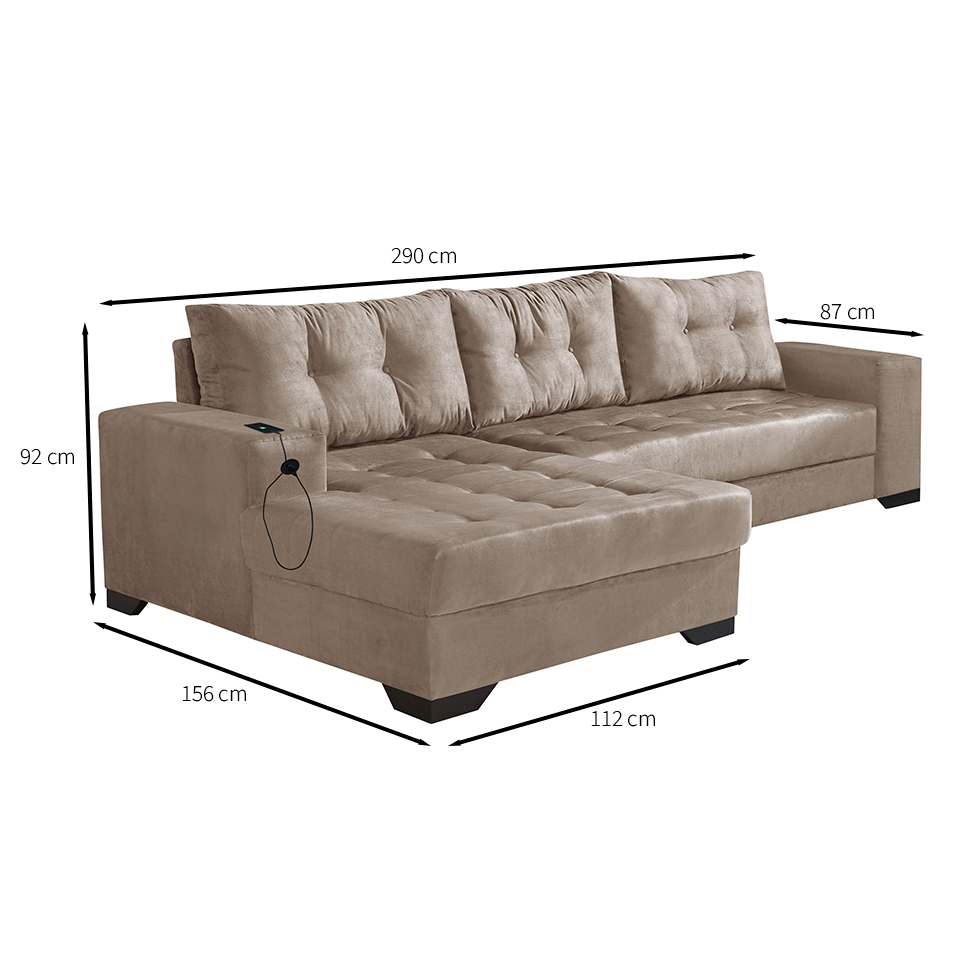Sofá 5 Lugares Dijon com Chaise Esquerdo e Entrada USB Suede Chocolate