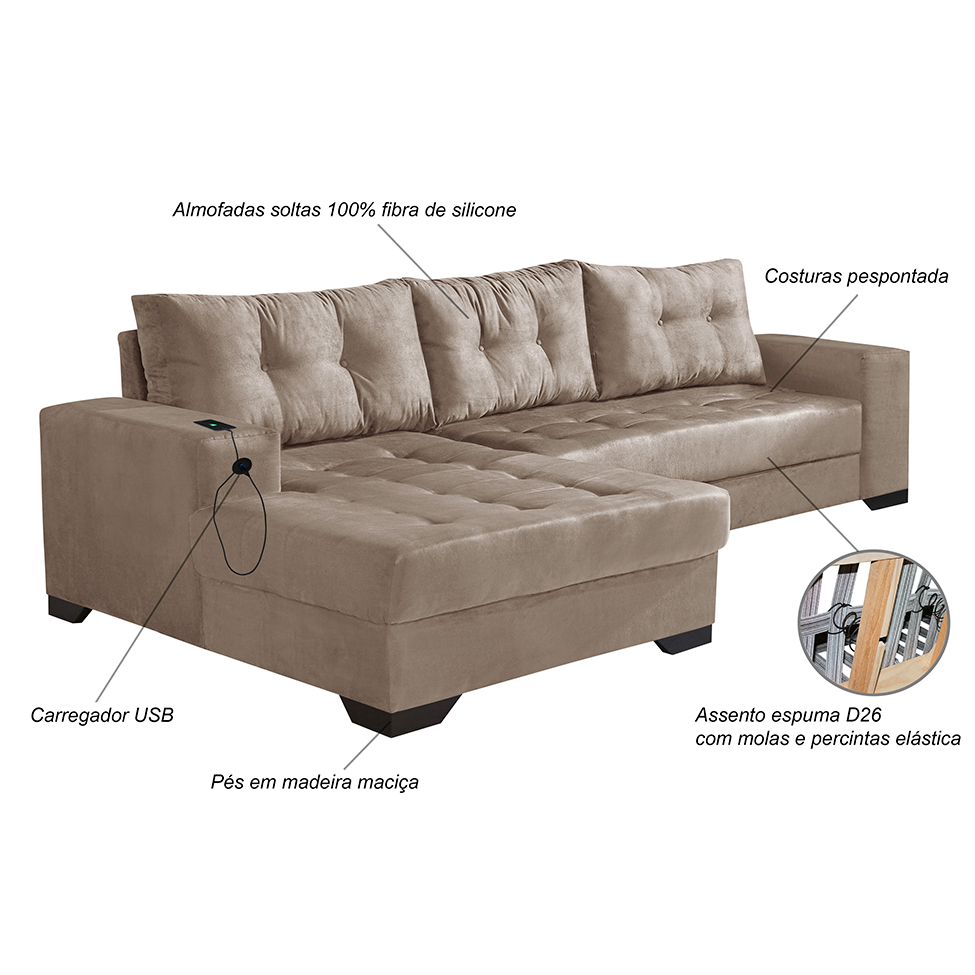 Sofá 5 Lugares Dijon com Chaise Esquerdo e Entrada USB Suede Chocolate