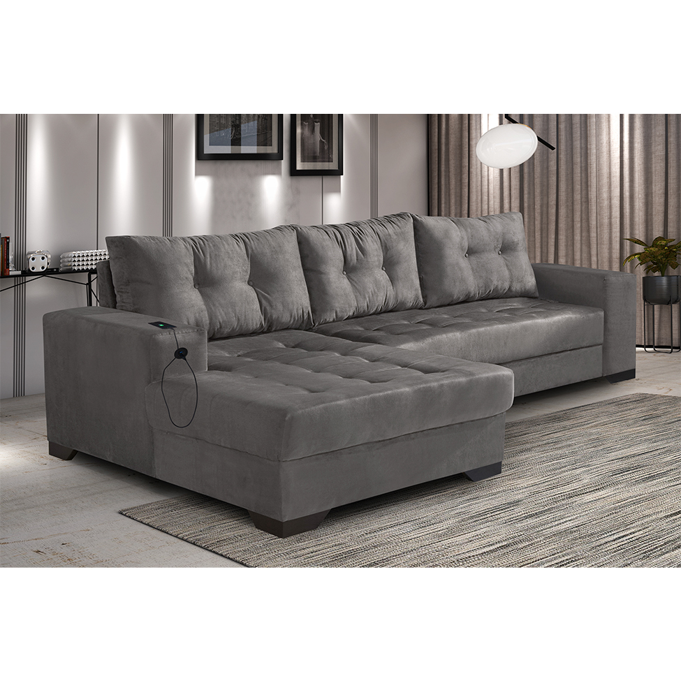 Sofá 5 Lugares Dijon com Chaise Esquerdo e Entrada USB Suede Cinza