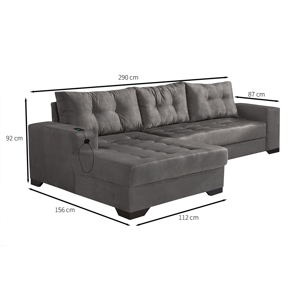 Sofá 5 Lugares Dijon com Chaise Esquerdo e Entrada USB Suede Cinza