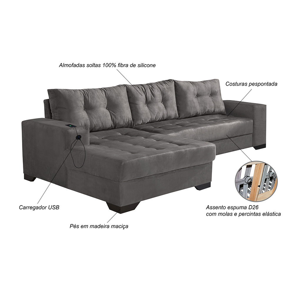 Sofá 5 Lugares Dijon com Chaise Esquerdo e Entrada USB Suede Cinza