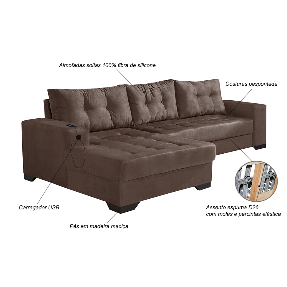 Sofá 5 Lugares Dijon com Chaise Esquerdo e Entrada USB Suede Marrom