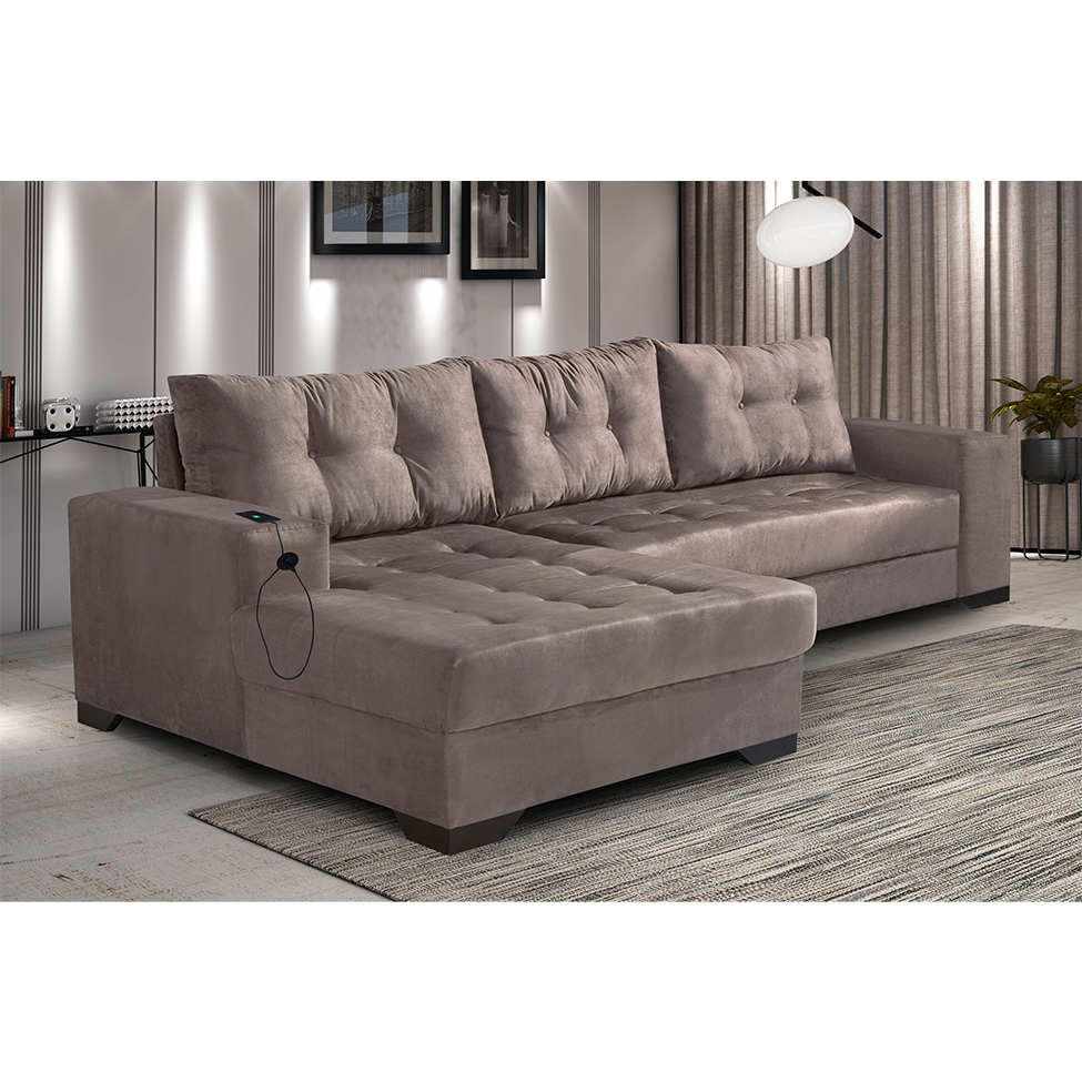 Sofá 5 Lugares Dijon com Chaise Esquerdo e Entrada USB Suede Nude