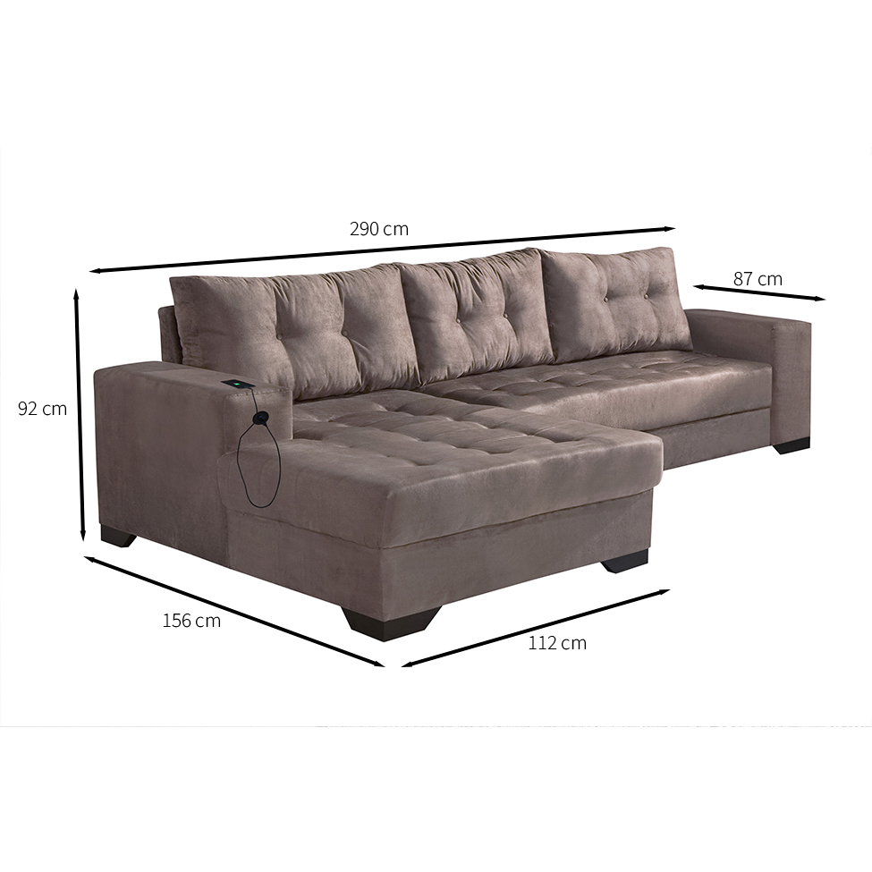Sofá 5 Lugares Dijon com Chaise Esquerdo e Entrada USB Suede Nude