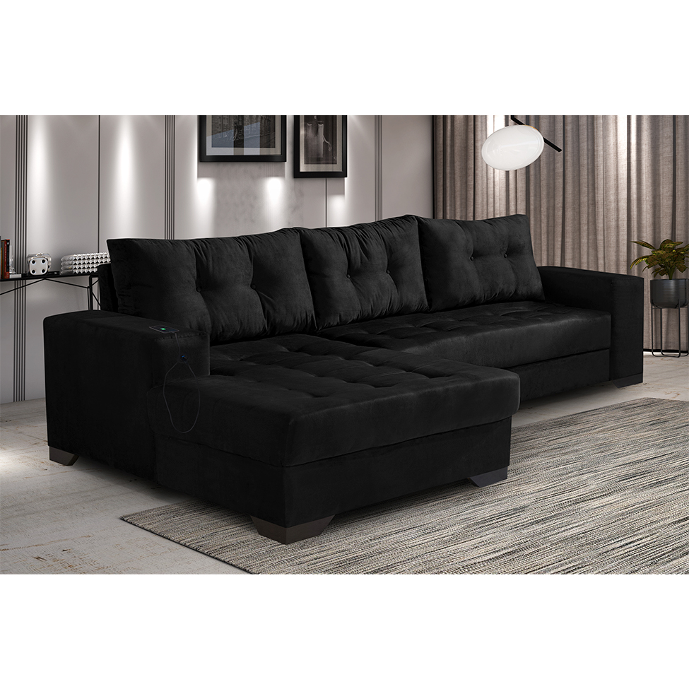 Sofá 5 Lugares Dijon com Chaise Esquerdo e Entrada USB Suede Preto