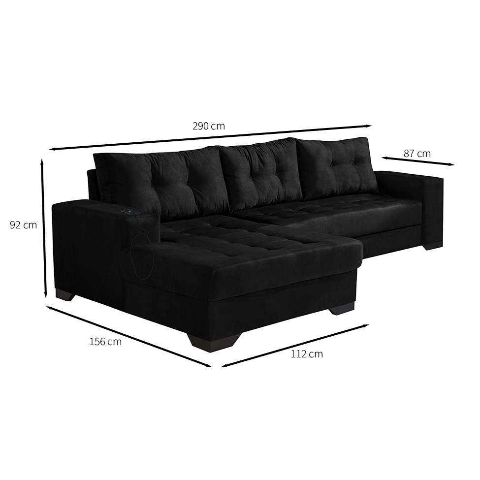 Sofá 5 Lugares Dijon com Chaise Esquerdo e Entrada USB Suede Preto