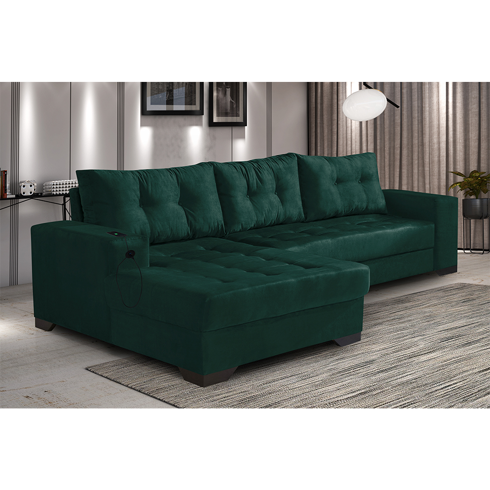 Sofá 5 Lugares Dijon com Chaise Esquerdo e Entrada USB Suede Verde