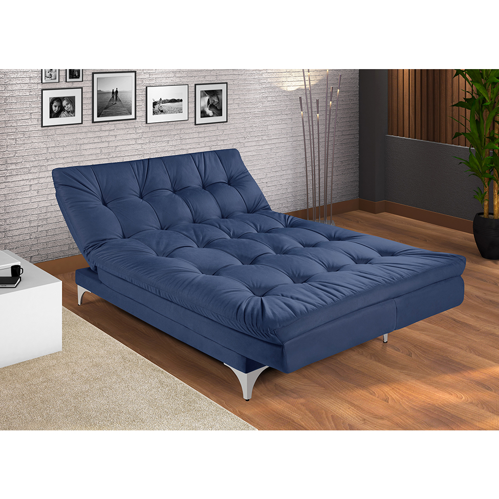 Sofá-Cama 3 Lugares Casal Versátil Veludo Liso Azul Marinho