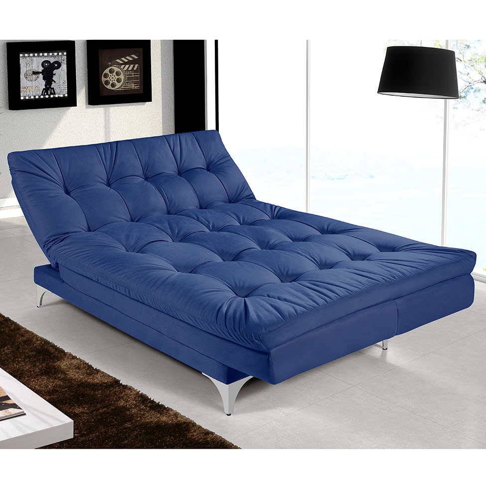 Sofá-Cama 3 Lugares Casal Versátil Veludo Liso Azul Marinho