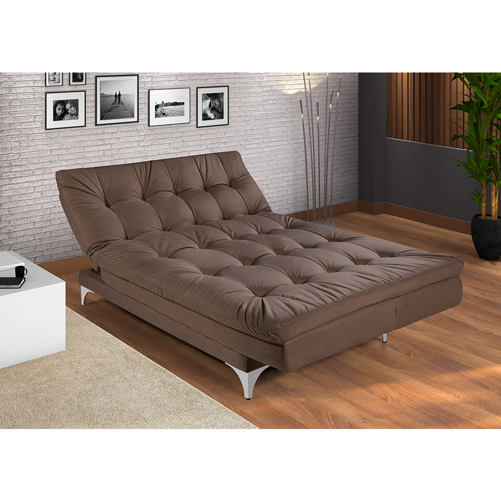 Sofá-Cama 3 Lugares Casal Versátil Veludo Liso Marrom