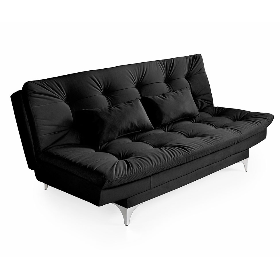 Sofá-Cama 3 Lugares Casal Versátil Veludo Liso Preto