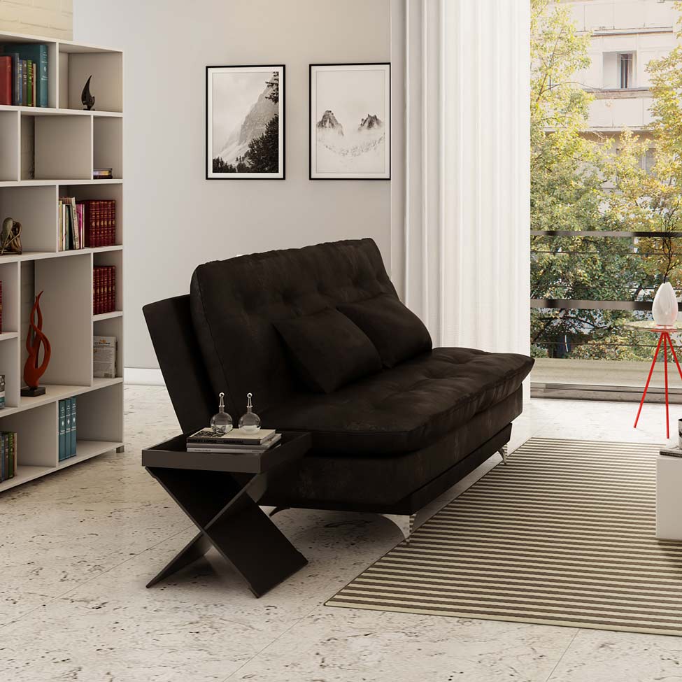 Sofá-Cama 3 Lugares Casal Versátil Veludo Liso Preto