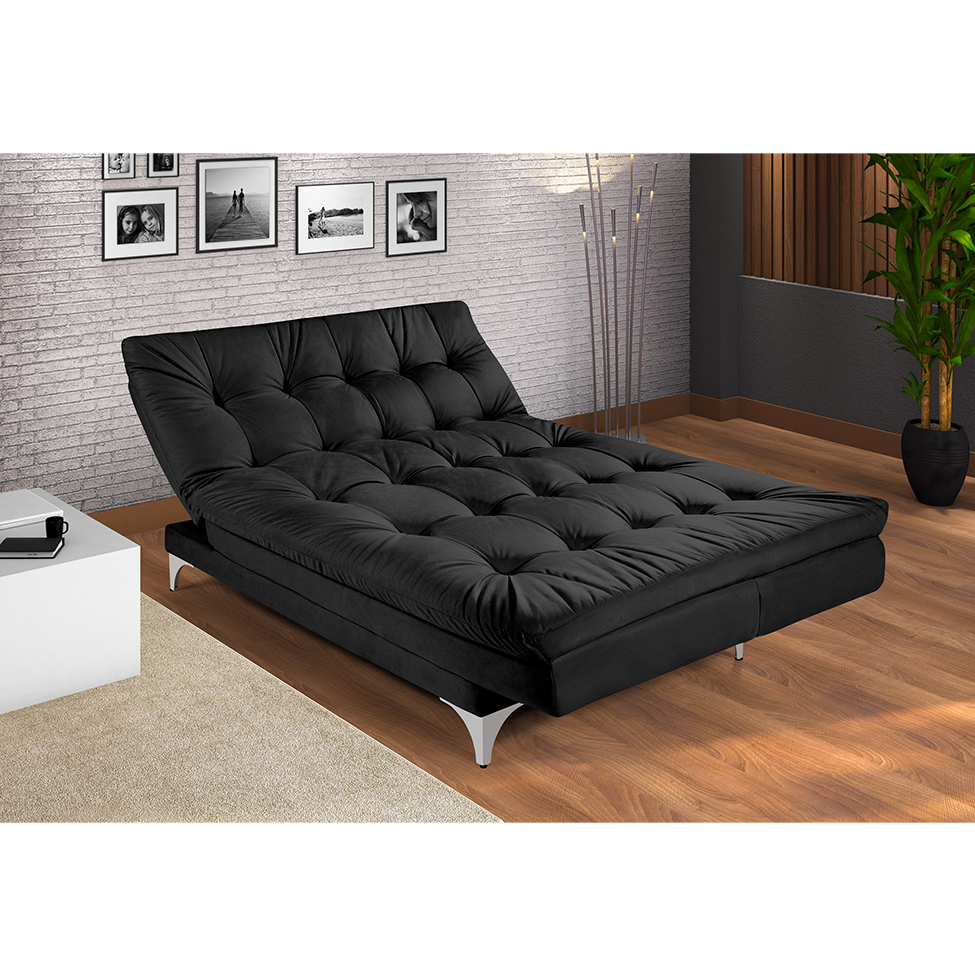 Sofá-Cama 3 Lugares Casal Versátil Veludo Liso Preto