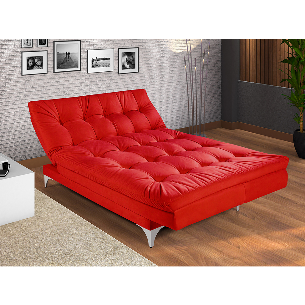 Sofá-Cama 3 Lugares Casal Versátil Veludo Liso Vermelho