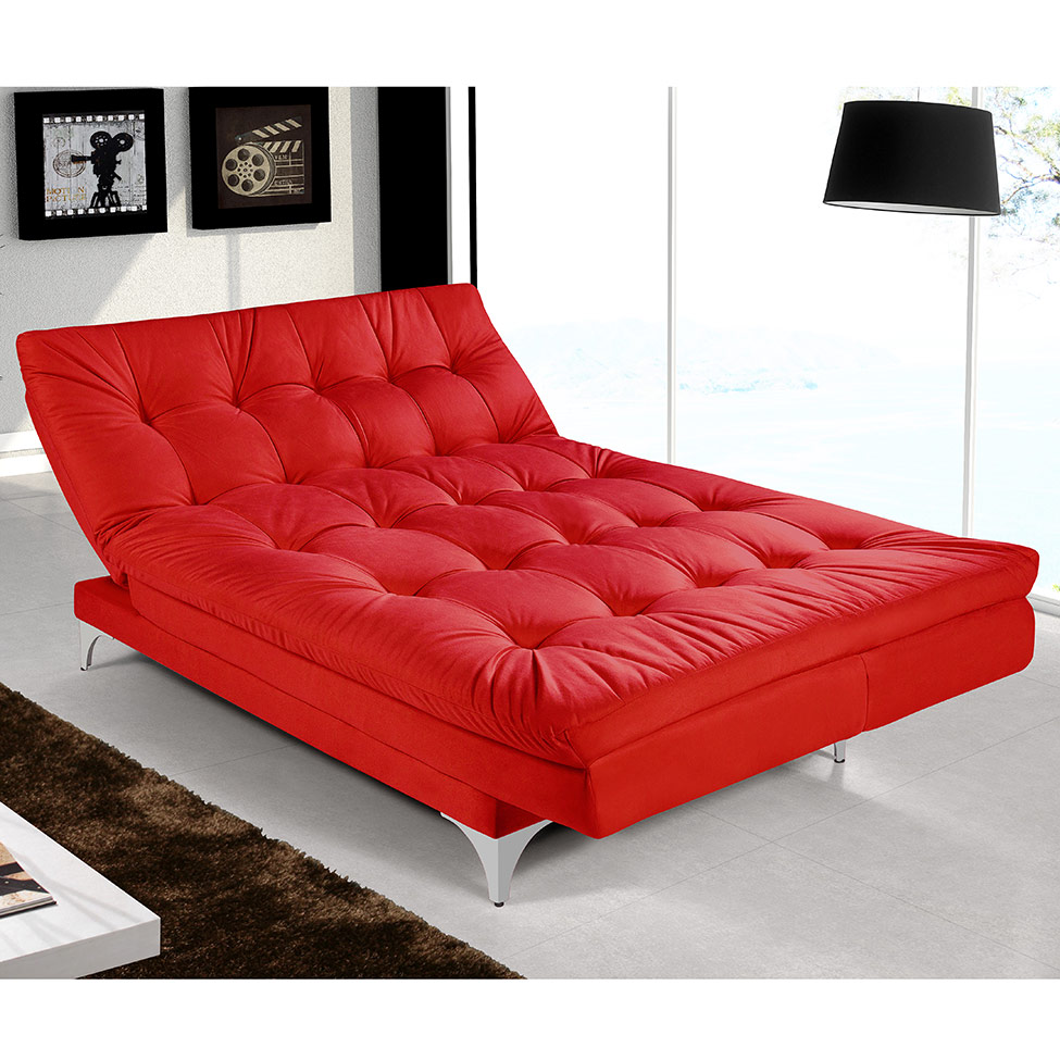 Sofá-Cama 3 Lugares Casal Versátil Veludo Liso Vermelho