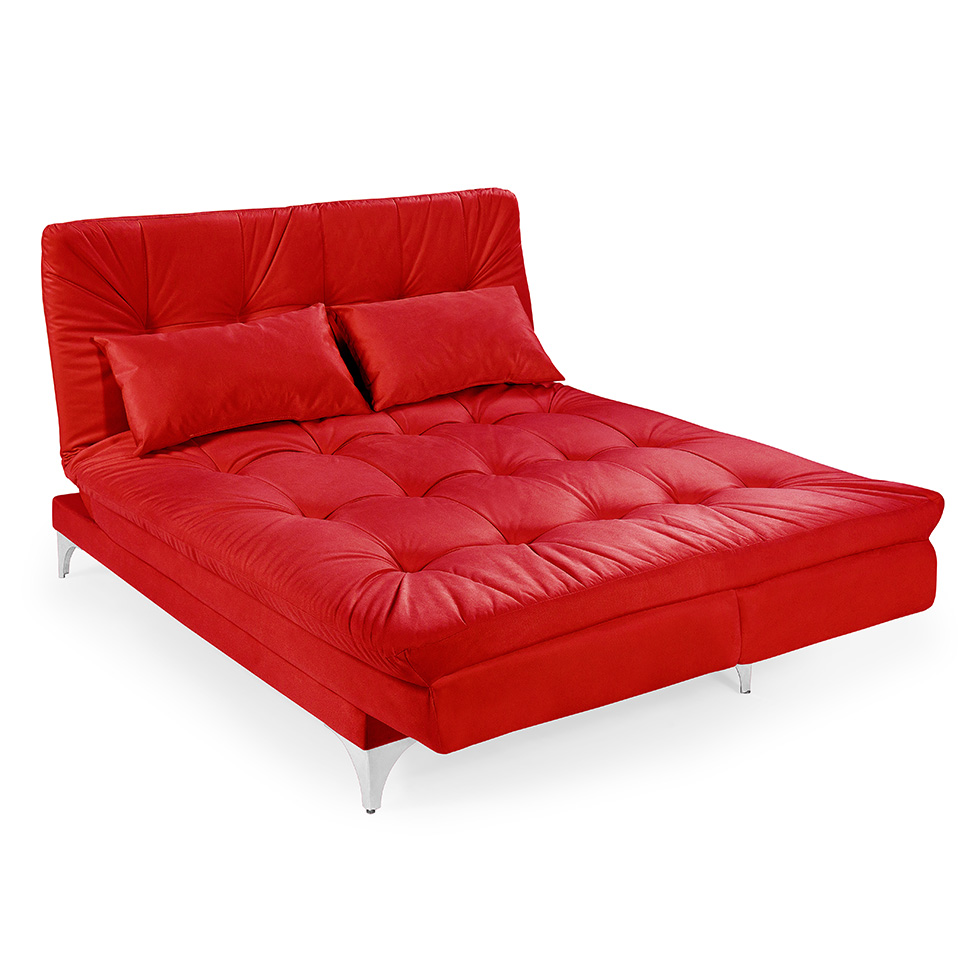 Sofá-Cama 3 Lugares Casal Versátil Veludo Liso Vermelho