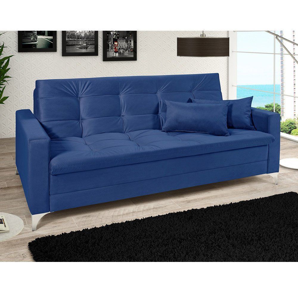 Sofá Cama 3 Lugares Facility Reclinável Veludo Liso Azul Marinho - Império Estofados 