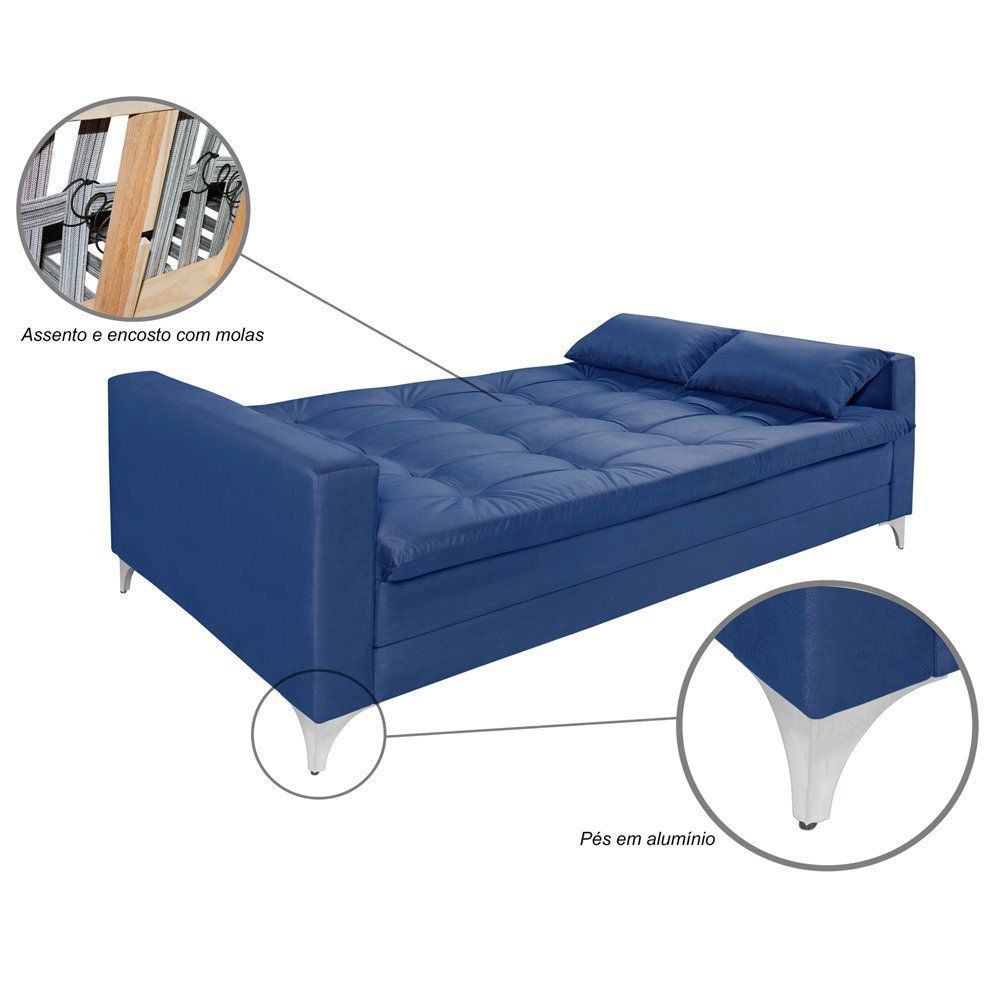 Sofá Cama 3 Lugares Facility Reclinável Veludo Liso Azul Marinho - Império Estofados 