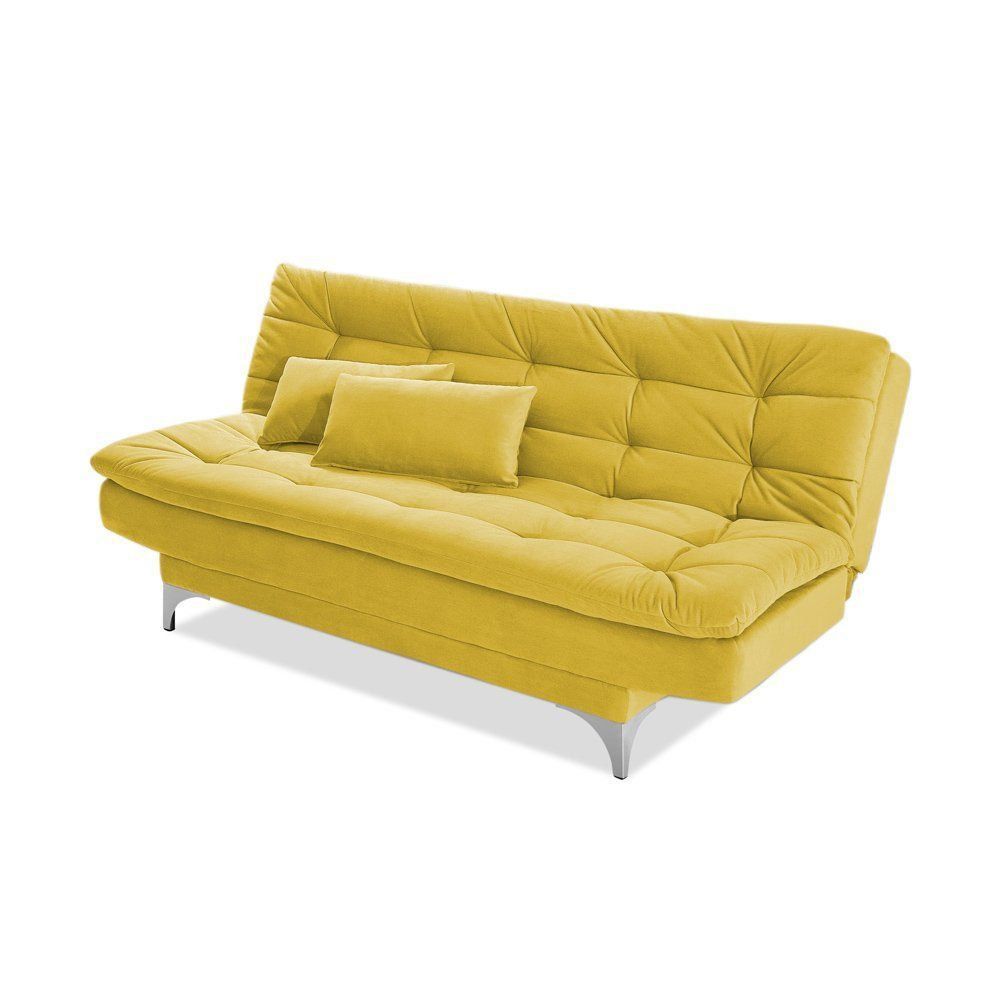 Sofá Cama 3 Lugares Pratic Veludo Liso Amarelo - Império Estofados 