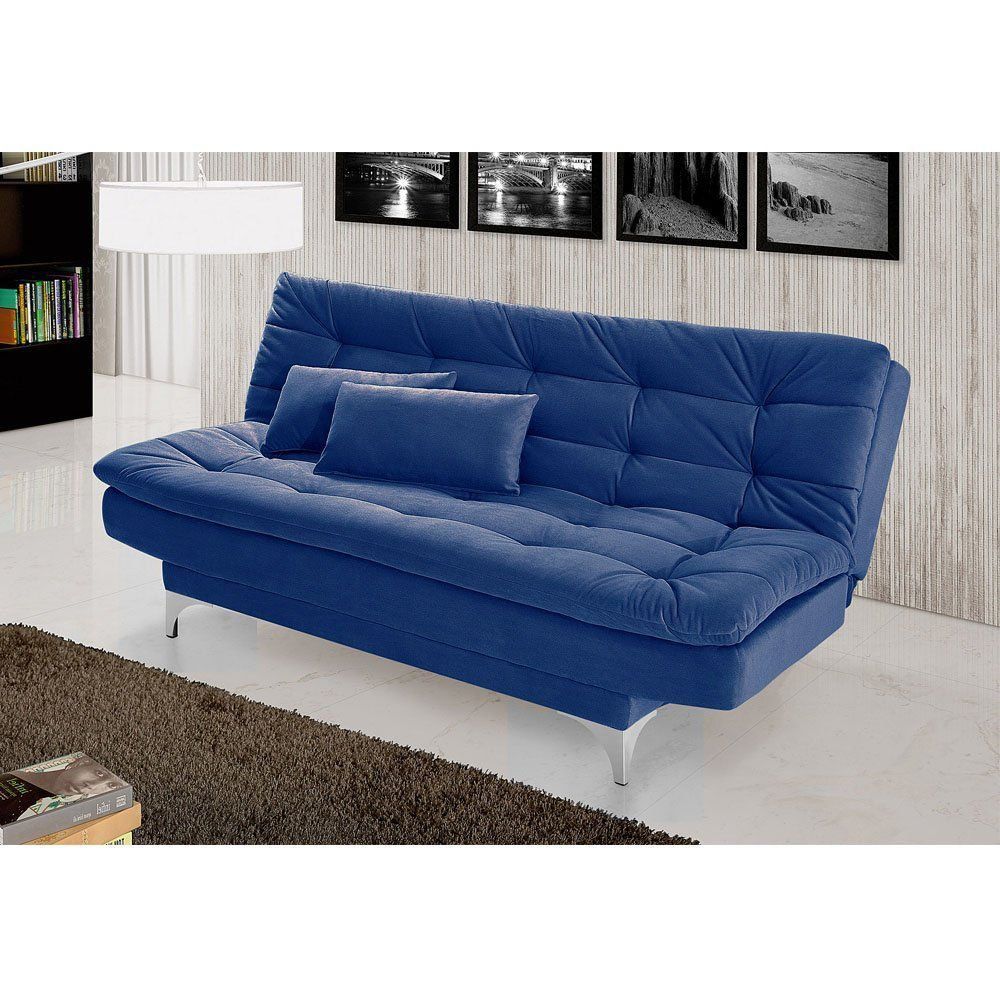 Sofá Cama 3 Lugares Pratic Veludo Liso Azul Marinho - Império Estofados 