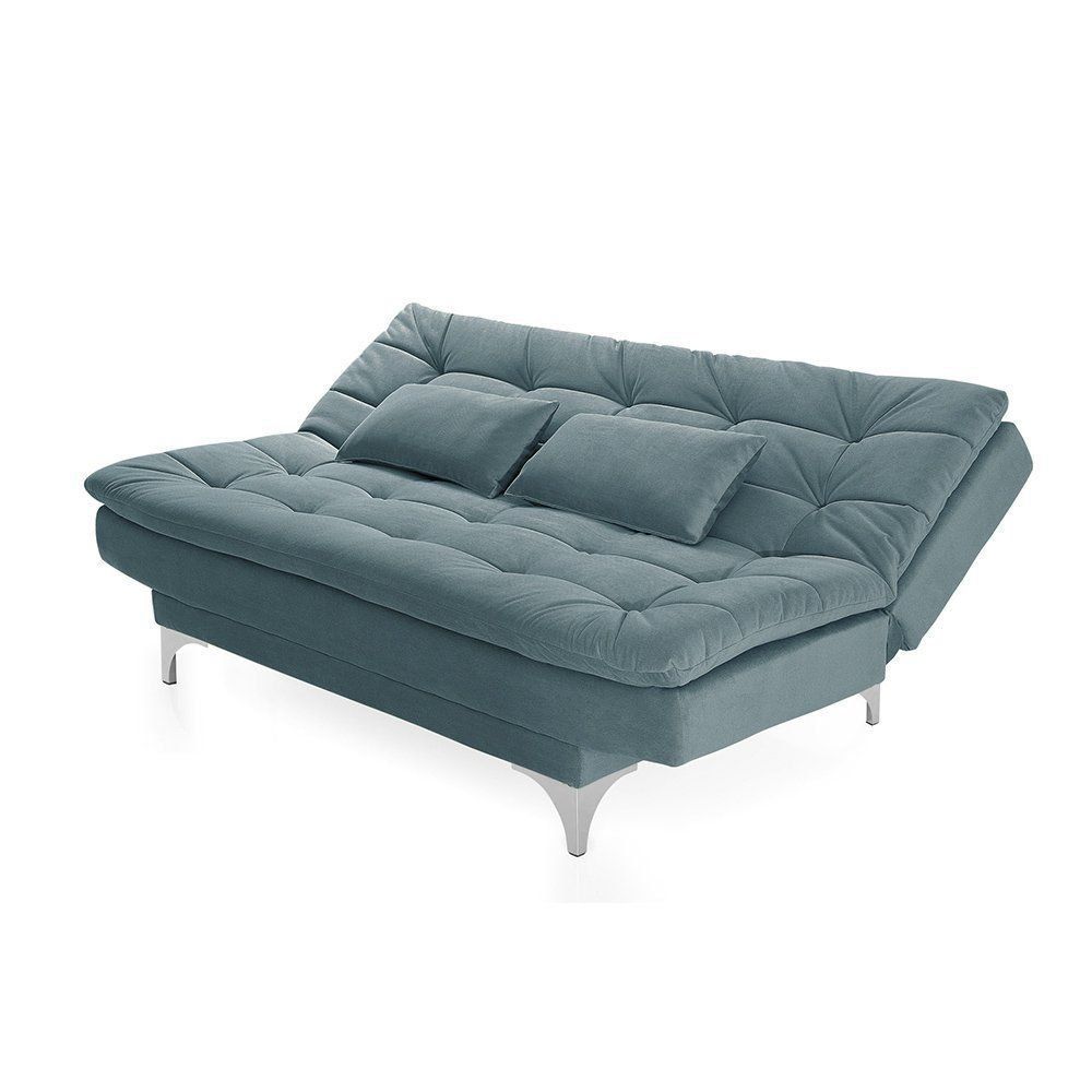 Sofá Cama 3 Lugares Pratic Veludo Liso Azul Turqueza - Império Estofados