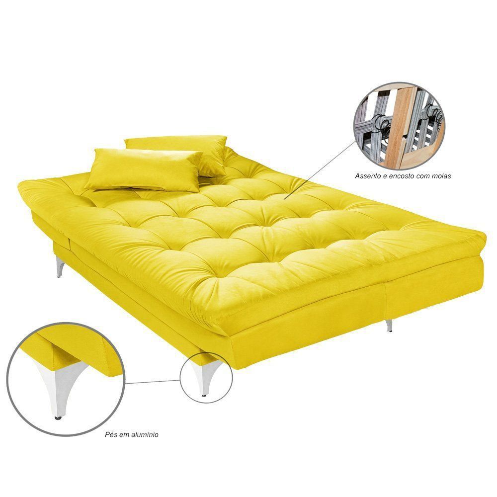 Sofá Cama 3 Lugares Versátil Veludo Liso Amarelo - Império Estofados 