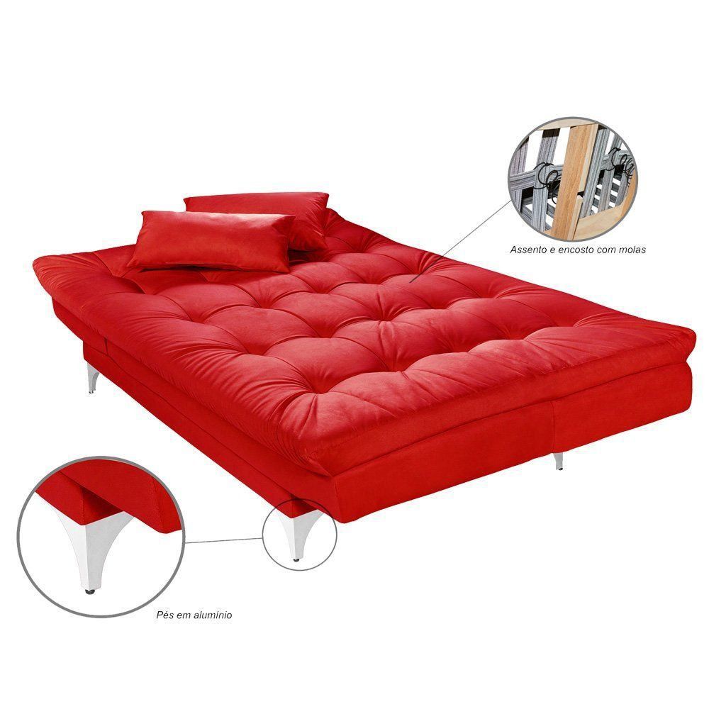 Sofá Cama 3 Lugares Versátil Veludo Liso Vermelho - Império Estofados 