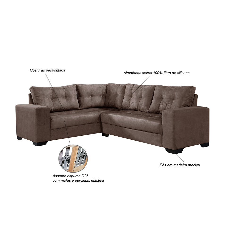 Sofá de Canto 5 Lugares Bia Suede Marrom