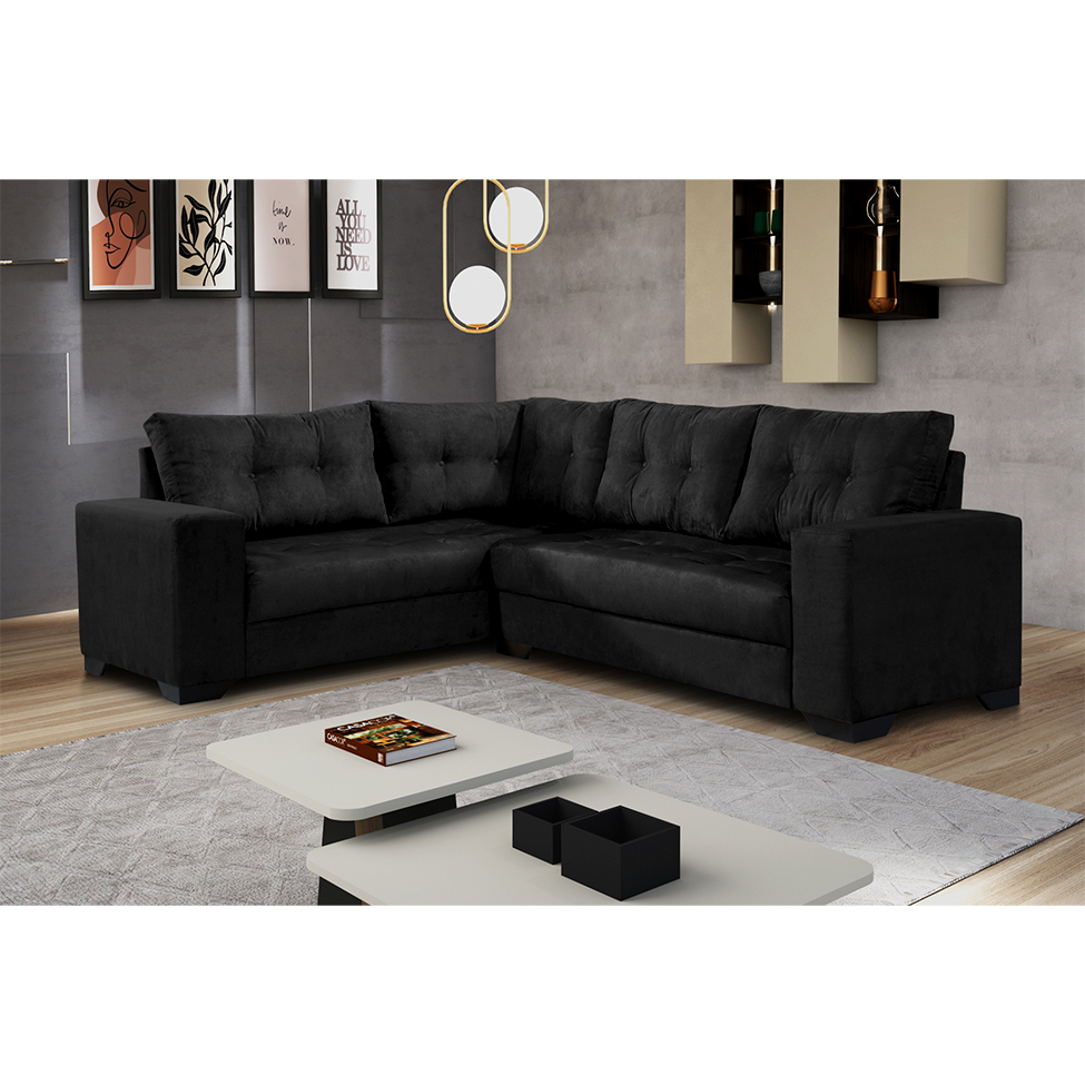 Sofá de Canto 5 Lugares Bia Suede Preto