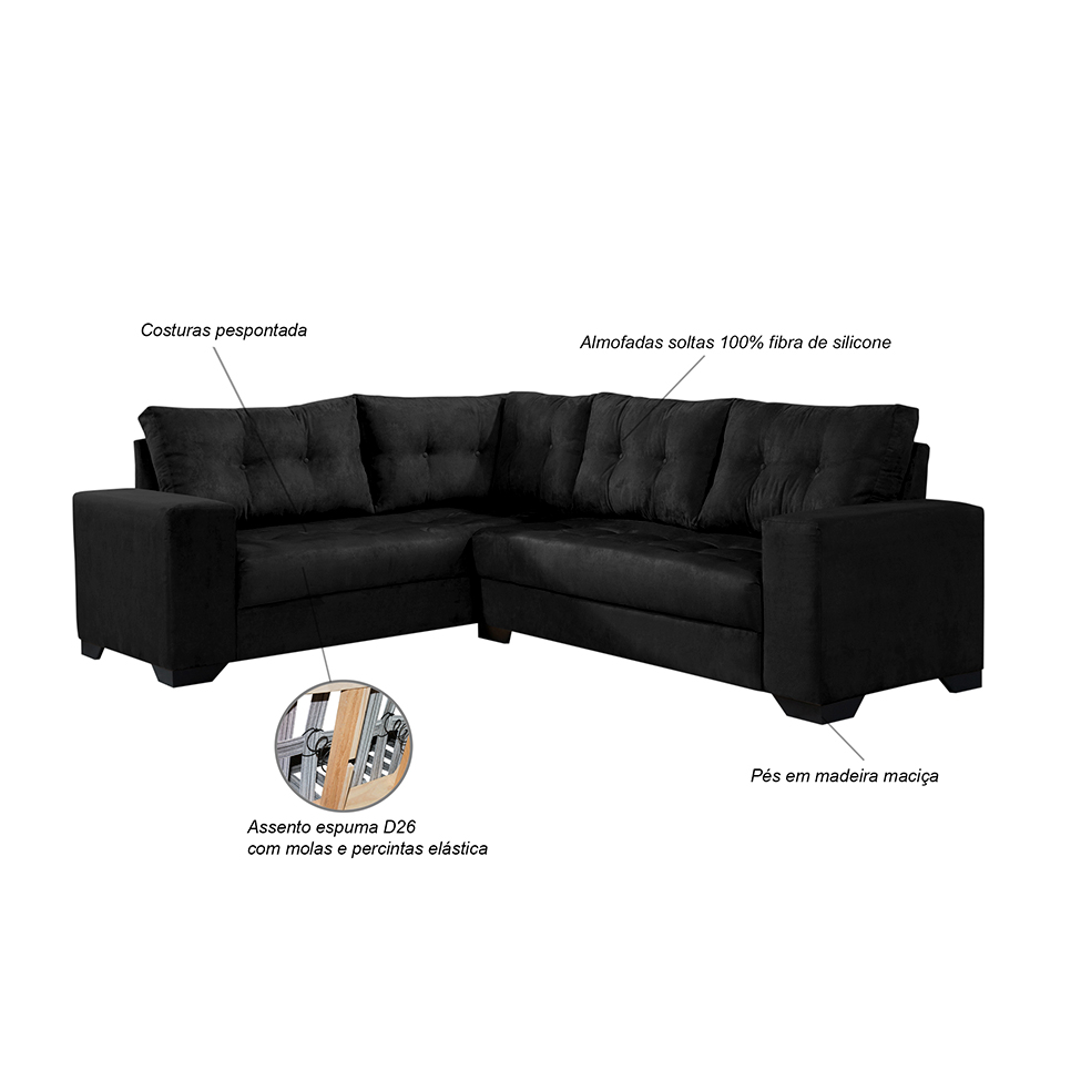 Sofá de Canto 5 Lugares Bia Suede Preto