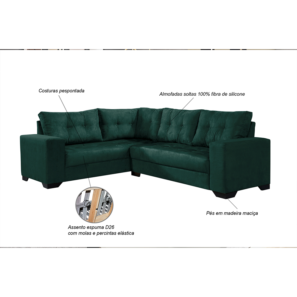 Sofá de Canto 5 Lugares Bia Suede Verde