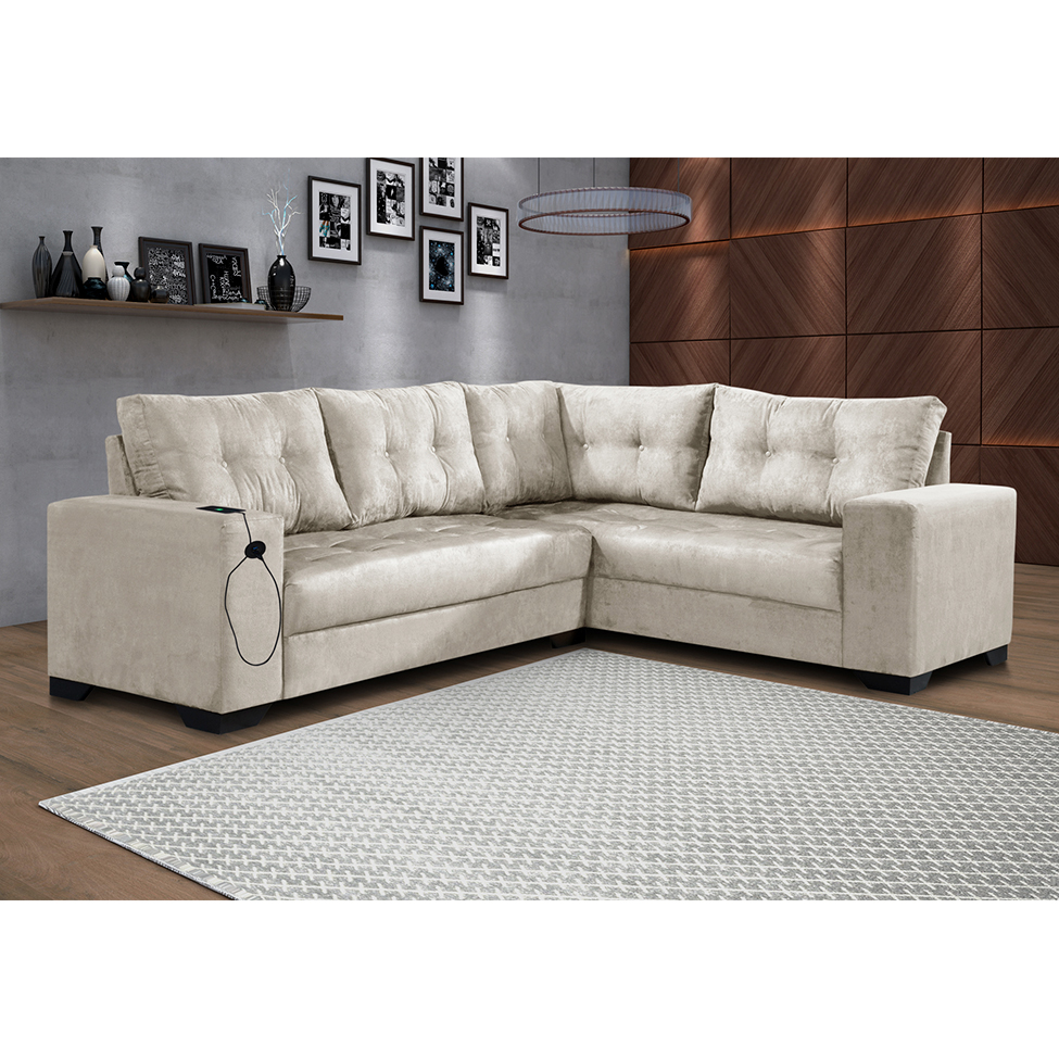 Sofá de Canto 5 Lugares Dijon com Entrada USB Suede Areia