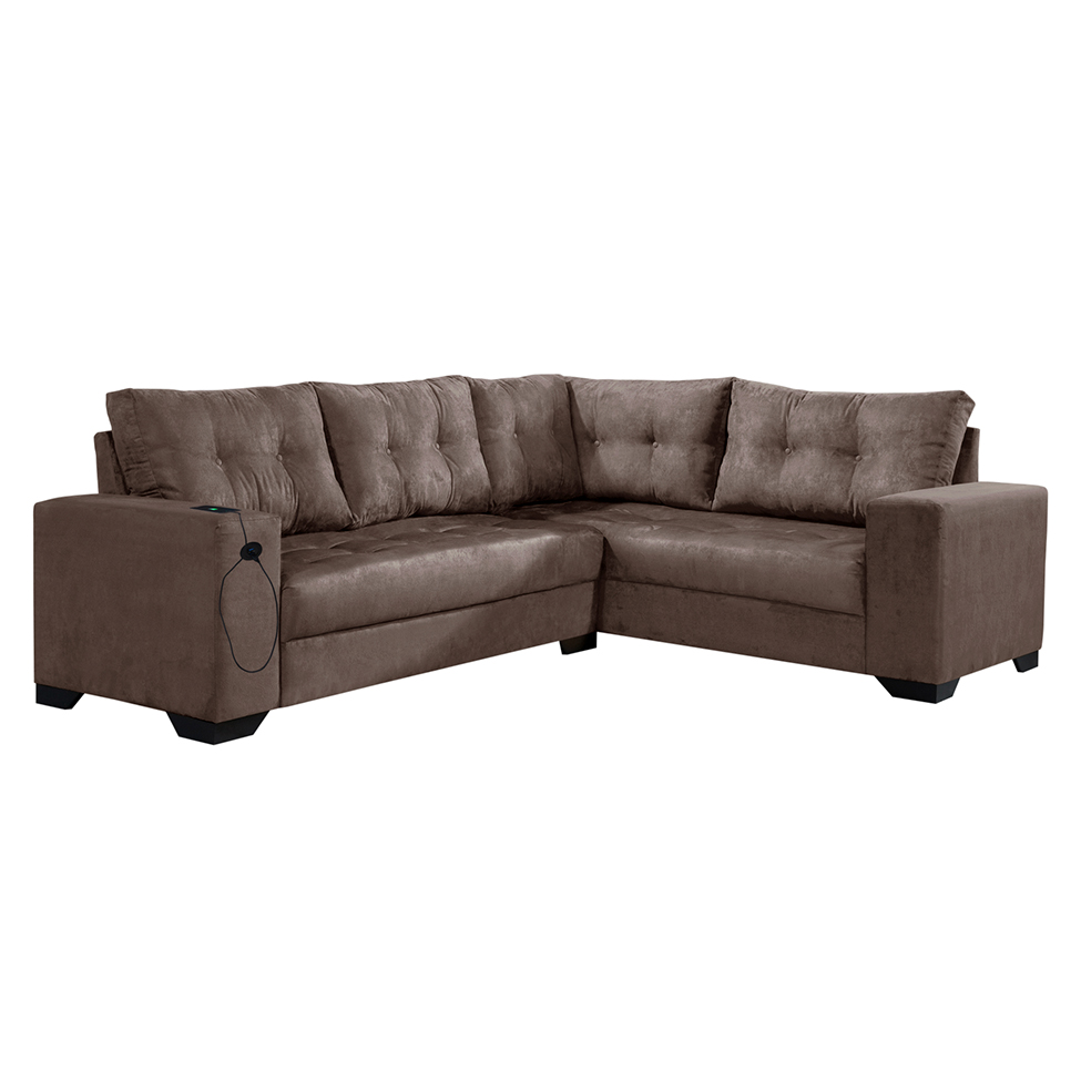 Sofá de Canto 5 Lugares Dijon com Entrada USB Suede Marrom