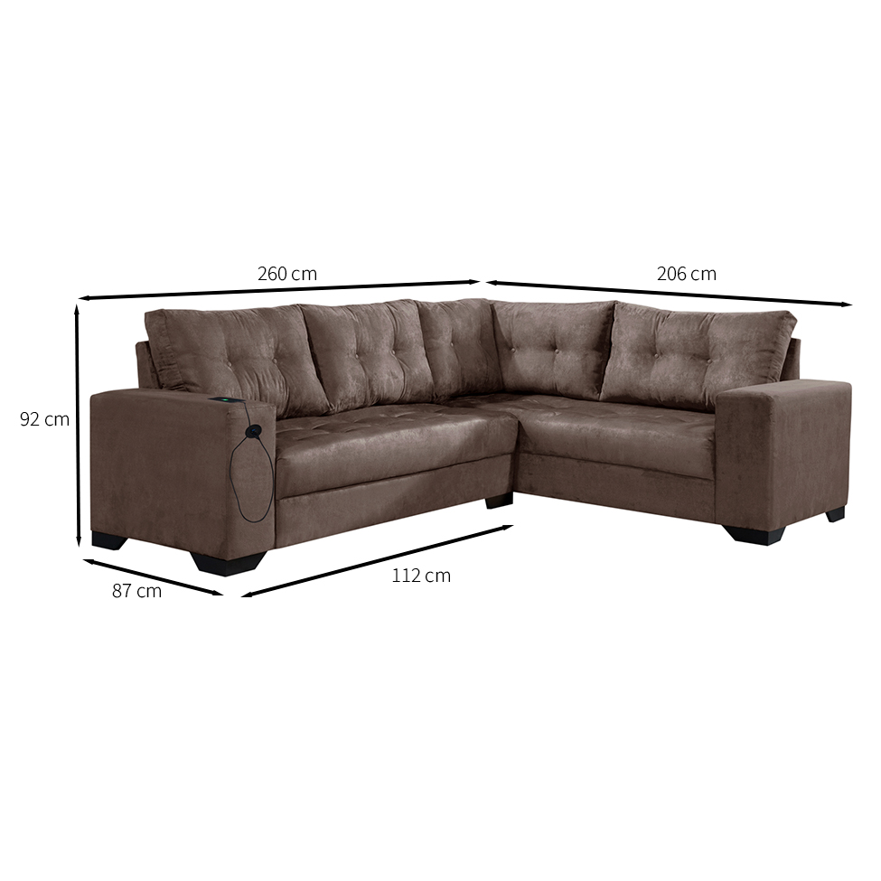 Sofá de Canto 5 Lugares Dijon com Entrada USB Suede Marrom