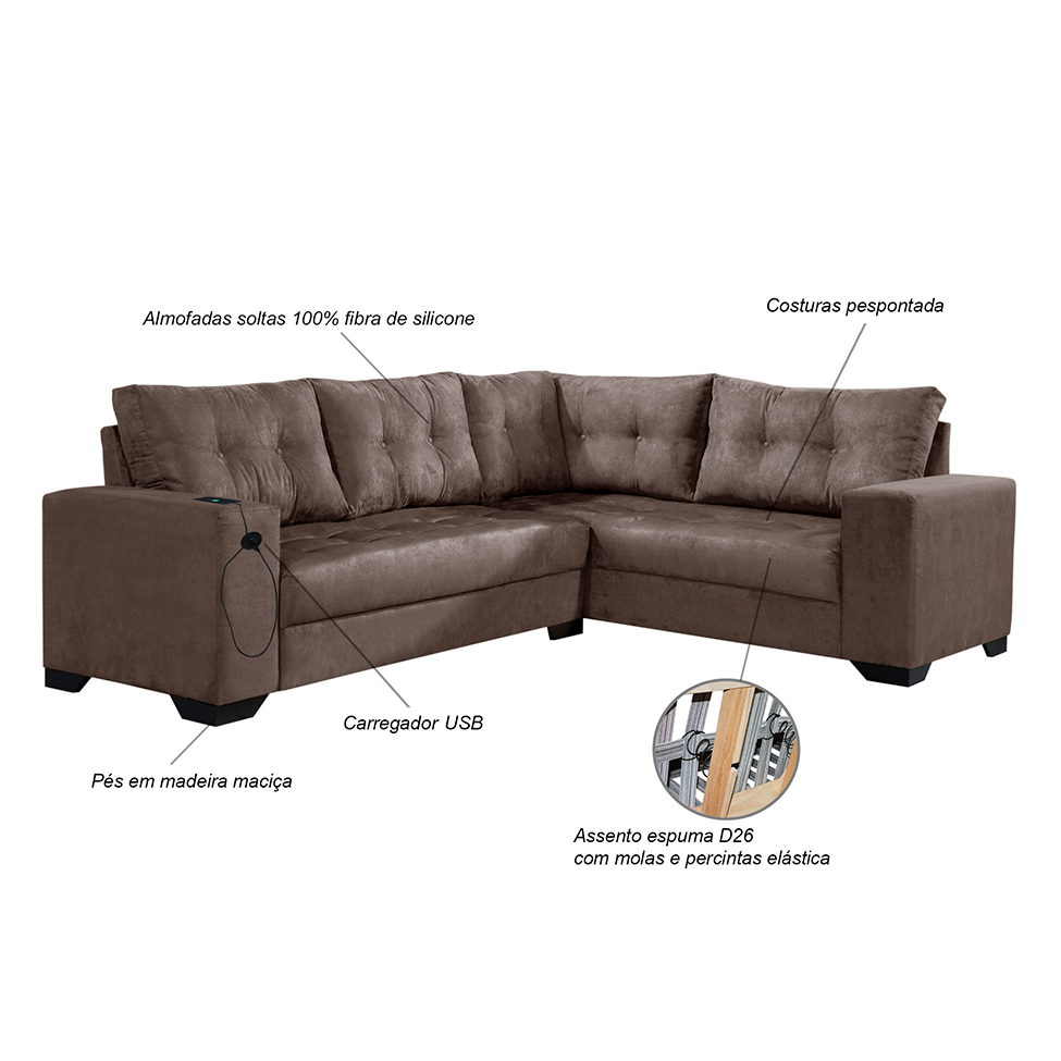 Sofá de Canto 5 Lugares Dijon com Entrada USB Suede Marrom