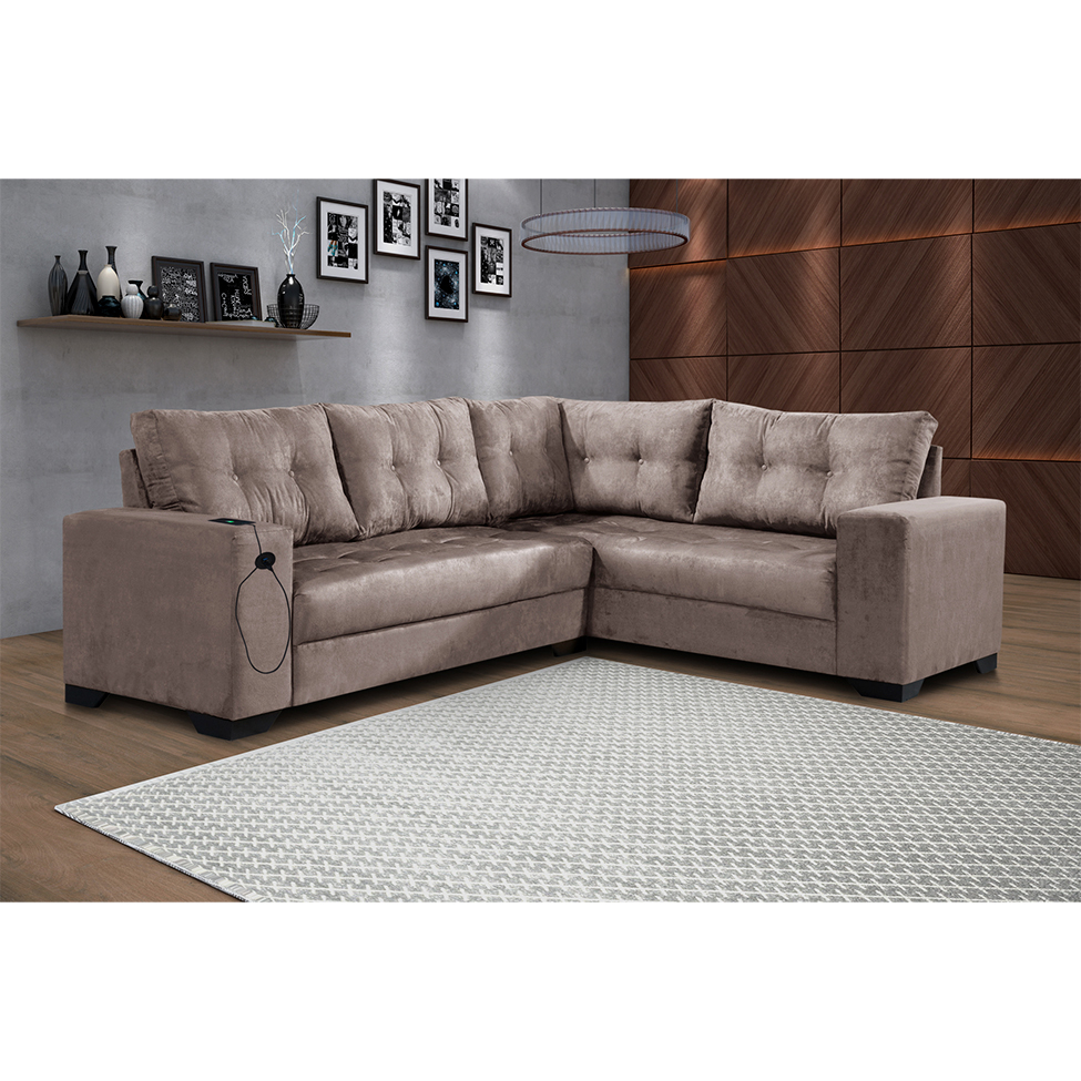 Sofá de Canto 5 Lugares Dijon com Entrada USB Suede Nude