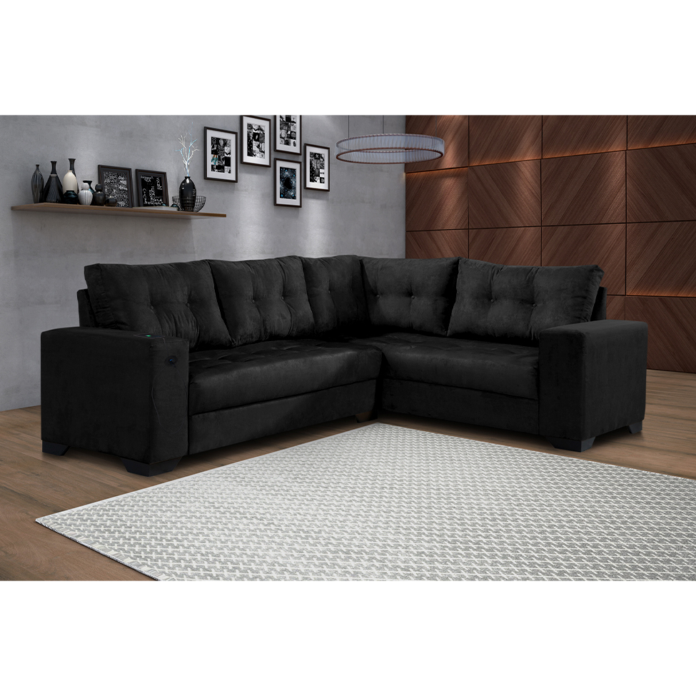 Sofá de Canto 5 Lugares Dijon com Entrada USB Suede Preto