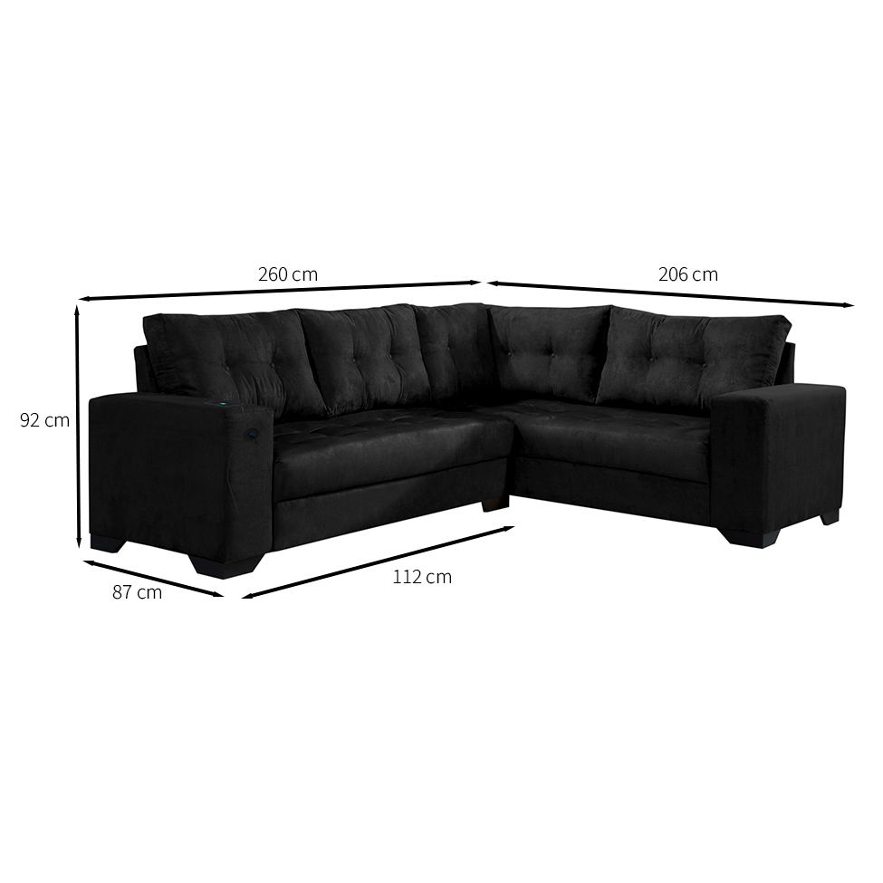 Sofá de Canto 5 Lugares Dijon com Entrada USB Suede Preto