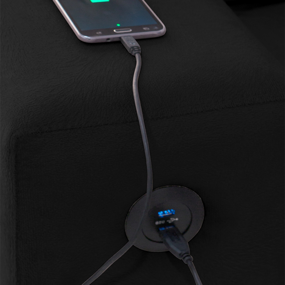 Sofá de Canto 5 Lugares Dijon com Entrada USB Suede Preto