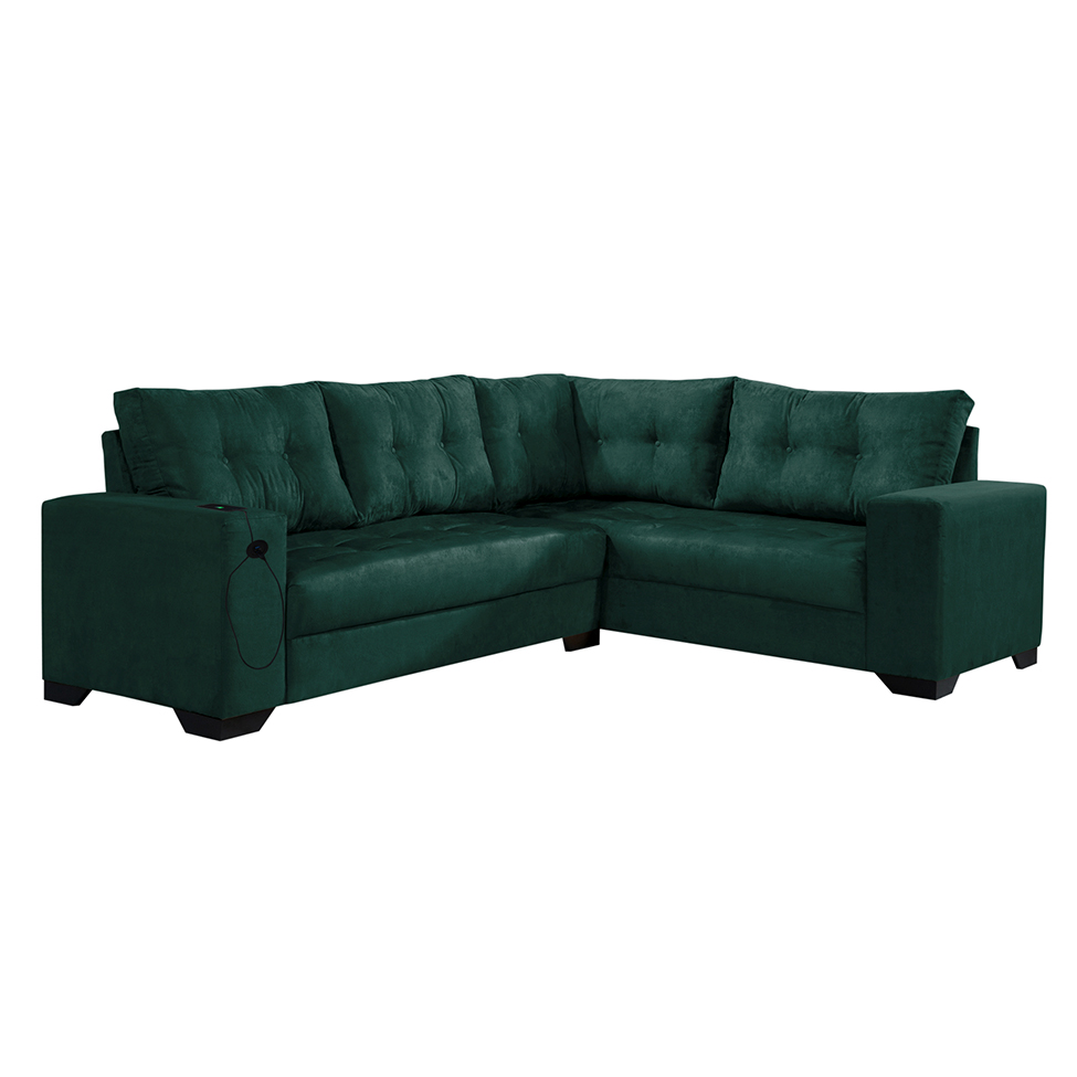 Sofá de Canto 5 Lugares Dijon com Entrada USB Suede Verde