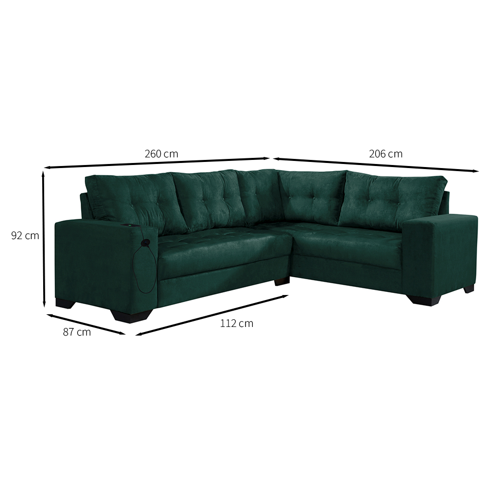 Sofá de Canto 5 Lugares Dijon com Entrada USB Suede Verde