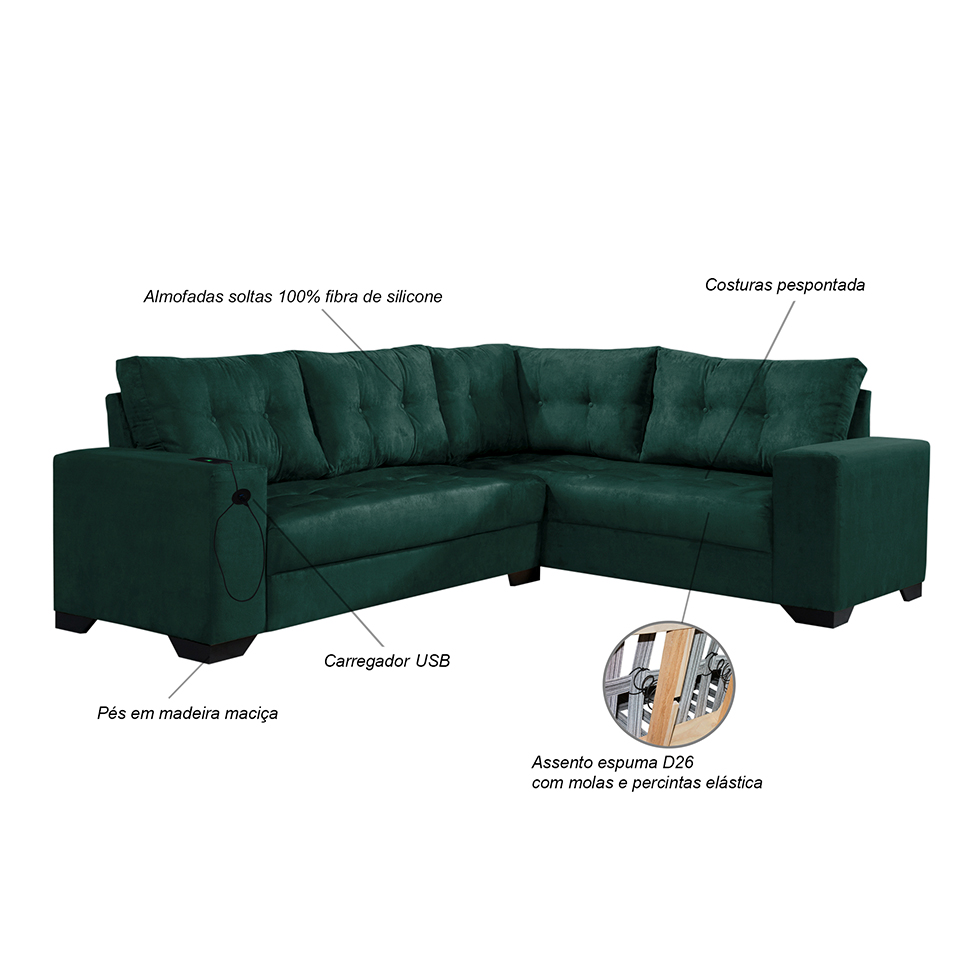 Sofá de Canto 5 Lugares Dijon com Entrada USB Suede Verde