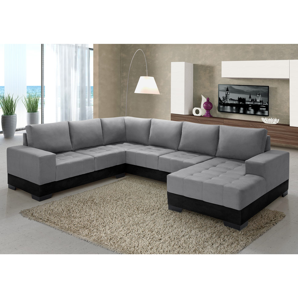 Sofá de Canto 5 Lugares com Chaise Direito Patrícia Suede Cinza e Preto